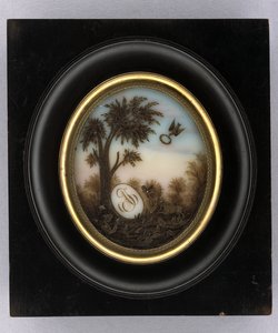 Plaque, ca. 1880 (akvarel & hårarbejde på glas, forgyldt, træ og glas) af Marcellin Marcellin