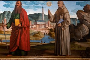 St. Francis modtager stigmata blandt St. Clare og Peter, den velsignede Bartolomeo af Breganze og St. Paul og Bernardino, detaljer
