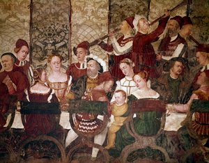 Kongen af Danmark Christian I ved en banket arrangeret af Bartolomeo Colleoni. Detalje af invitationer (fresko, ca. 1480)