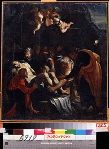 Nedstigningen fra korset. Blandt karaktererne repræsenteret omkring Jesu Kristi legeme: Jomfru Maria, Sankt Maria Magdalena, Sankt Josef af Arimathea og Sankt Nikodemus. Maleri af Marcelle Venusti (1512 eller 1515-1579). H
