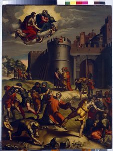 Sankt Stefans martyrium. (Sankt Stefans martyrium). Kristendommens første diakon, Stephen eller Stephane (martyr i 35), bliver stenet uden for byen Jerusalem og overværer under sin prøvelse et mirakel, Gud og Jesus Kristus viser sig, omkommer