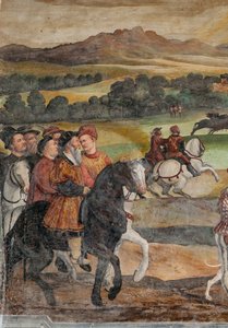 Jagtscene, detalje fra Christian I af Danmarks besøg i Bartolomeo Colleoni, Æreshallen