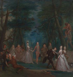Scene i en park med figurer fra Commedia dell