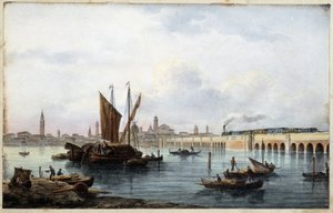 Broen over lagunen i "Album of the main views of Venice"" tegner af Marco Moro ed. Gio Brize-Ghel n.d 1840. ca. af Marco (after) Moro