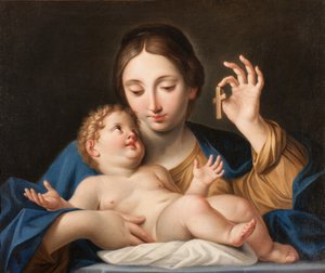 Madonnaen viser et lille kors til Jesus (olie på lærred)