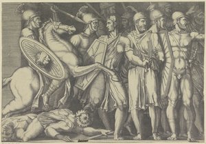 Trajan kæmper med Dacians af Marco Dente (attributed to)