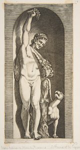 En faun, der står i en niche og holder en klase vindruer med højre hånd og ..., ca. 1515-27. af Marco Dente