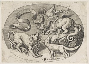 En løve, drage og ræv kæmper mod hinanden, en indskrevet banderole ovenover, en oval c..., ca. 1515-27. af Marco Dente