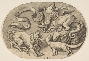 En løve, drage og ræv kæmper mod hinanden, en indskrevet banderole ovenover, en oval c..., ca. 1515-27.
