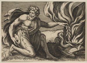 En mand, der knæler og lægger en laurbærgren på en bunke brændende bøger, ca. 1515-27. af Marco Dente