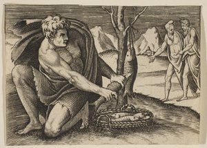 En mand, der knæler ved siden af en kurv med fisk og tager en med begge hænder, to mænd ved ..., ca. 1515-27. af Marco Dente