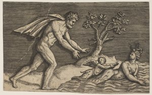 En nøgen mand jager en najad og en amor ned i vandet, ca. 1515-27.