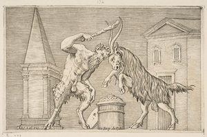 En satyr og en vædder angriber hinanden, satyren svinger en kølle med sin højre ha..., ca. 1515-27. af Marco Dente