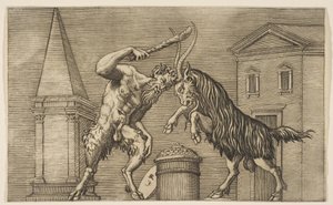 En satyr og en vædder angriber hinanden, satyren svinger en kølle med sin højre ha..., ca. 1515-27.