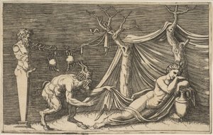 En satyr opdager en sovende kvinde, to krabber hængende i et reb, der er spændt..., ca. 1515-27.