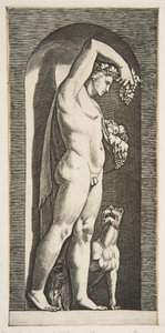 Bacchus stående i en niche med druer i sin løftede højre hånd, frugt i l..., ca. 1515-27. af Marco Dente