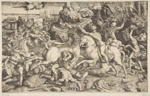 Kampscene i et landskab med soldater til hest og flere faldne mænd, en anden..., ca. 1520. af Marco Dente