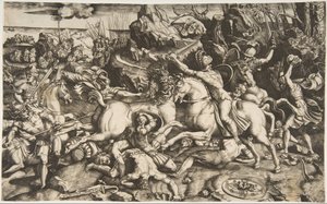 Kampscene i et landskab med soldater til hest og flere faldne mænd, en anden..., ca. 1520. af Marco Dente