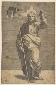 Kristus står fremadvendt, holder et kors med et banner og løfter sin venstre ..., ca. 1515-27. af Marco Dente