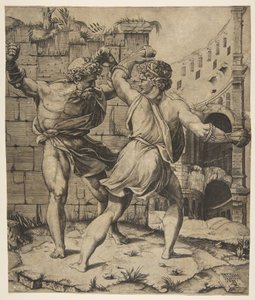 Entellus og Dares kæmper foran klassiske ruiner, 1520-25. af Marco Dente
