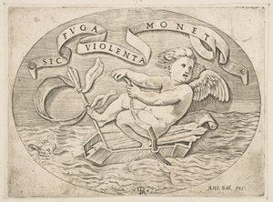 Eros Undslipper ad søvejen, Amor bruger sin bue til at fremdrive en båd lavet af hans kogger med..., ca. 1515-27. af Marco Dente