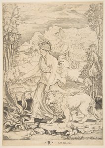 Fortitude i profilvisning, der går mod et bål til venstre og fører en spændt løve..., ca. 1515-27. af Marco Dente