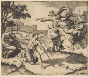 Gud viser sig for Isak, Gud svæver i skyer og peger mod Rebecca, der sidder under..., ca. 1515-27. af Marco Dente