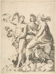 Juno, Ceres og Psyche i skyerne i samtale, Juno sad med en påfugl ved hende..., ca. 1515-27. af Marco Dente