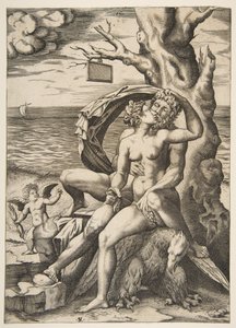 Jupiter og Semele omfavner, en ørn under dem, et træ til højre med en blank t..., ca. 1515-27.