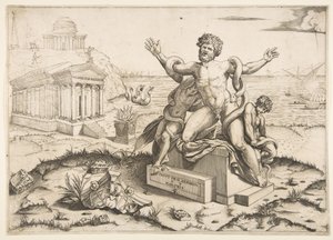 Laocoön og hans to sønner bliver angrebet af slanger på en piedestal, et tempel til Mi..., ca. 1515-27. af Marco Dente