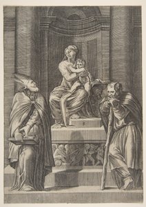 Sankt Josef til venstre og en biskop til højre stående foran Jomfruens alter ..., ca. 1515-27. af Marco Dente