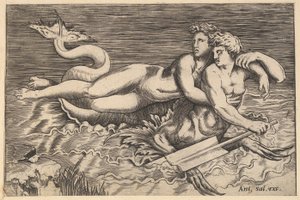 The Mirror of Roman Magnificence: A Triton Carrying off a Nymph, 1500-tallet. af Marco Dente