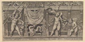 The Mirror of Roman Magnificence: Bas-relief med tre amoriner, 1519 af Marco Dente
