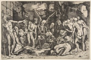 Skeletterne, en gruppe afmagrede mænd og kvinder samlet omkring et skelet lagt på ..., 1515-27.