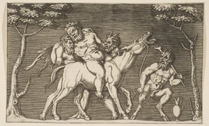 To satyrer placerer Silenus på et muldyr og en tredje satyr til højre, ca. 1515-27.