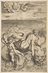 Venus og Amor rider på to havmonstre, Amor hæver en pil i sin højre hånd, t..., ca. 1515-27. af Marco Dente