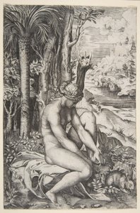 Venus fjerner en torn fra sin venstre fod, mens hun sidder på et klæde ved siden af træer, en ..., ca. 1515-27. af Marco Dente
