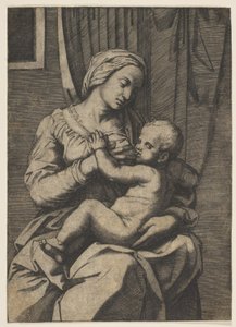 Jomfru, der ammer spædbarnet Kristus på skødet, 1515-20. af Marco Dente
