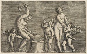 Vulcan siddende hamrende på en ambolt flankeret af Venus og tre amoriner, ca. 1515-27. af Marco Dente