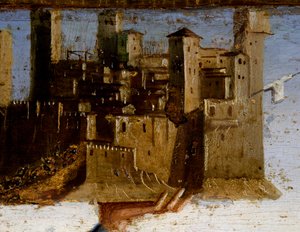 Tronet Madonna og helgener, detalje af Predella af St. Adrian af Marco Palmezzano (ca 1460-1539), St Francis Church, Matelica, Marche, Italien, detaljer