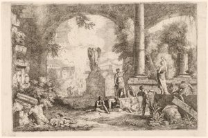 Capriccio af antikke ruiner med mænd, der stirrer på en klassisk taler af Marco Ricci