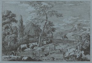 Kvæg og figurer ved en gårdstrøm af Marco Ricci
