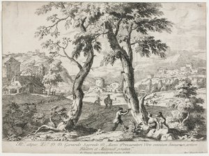 Udsigt over en landsby med figurer i forgrunden af Marco Ricci