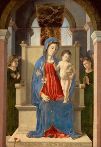 Jomfruen med en lilje (med barnet Jesus på en trone, omgivet af to engle) - Jomfru med en lilje, af Zoppo, Marco (1433-1478). Tempera og olie på træ