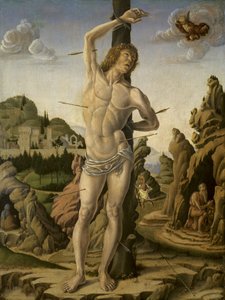 Sankt Sebastian i et klippelandskab med de hellige Jerome, Anthony Abbot og Christopher, ca. 1475-78