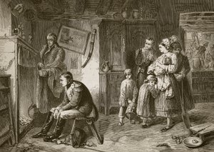 Napoleon søger hvile i et sommerhus langs vejen efter sit nederlag ved Waterloo, indgraveret af J.D. Cooper af Marcus Stone