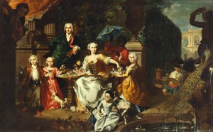 En familiegruppe på en terrasse i en villas grund. Muligvis den engelske forretningsmand George Jackson og hans familie af Marcus Tuscher