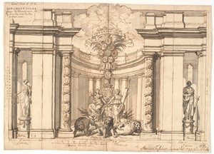 Det indre af et tempel med det danske våben og de oldenborgske kongers stamtræ af Marcus Tuscher