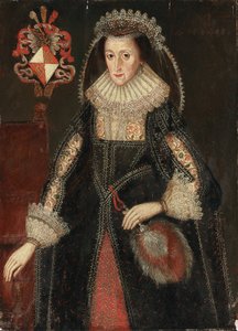 Portræt af Lady Eleanor Dutton, trekvart længde, i elegant kjole, stående ved siden af en stol påskrevet med våbenskjold fra Dutton-familien i Cheshire og Gloucestershire