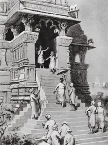 Kirtivarman Chandella besøger sit tempel i Khajurahu, AD 1065 (litografi) af Margaret (after) Dovaston